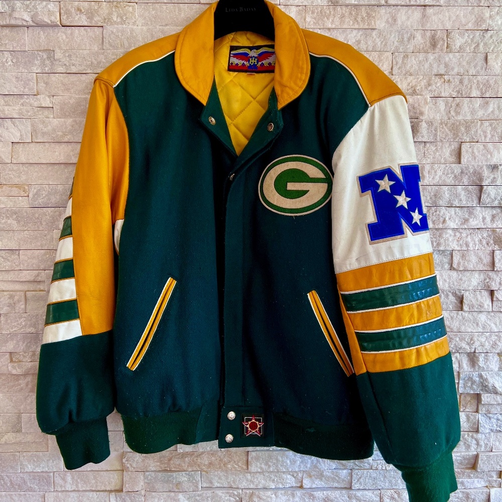 Green Bay Packers Bomber Jacket with leather sleeves, shoulders, trim.